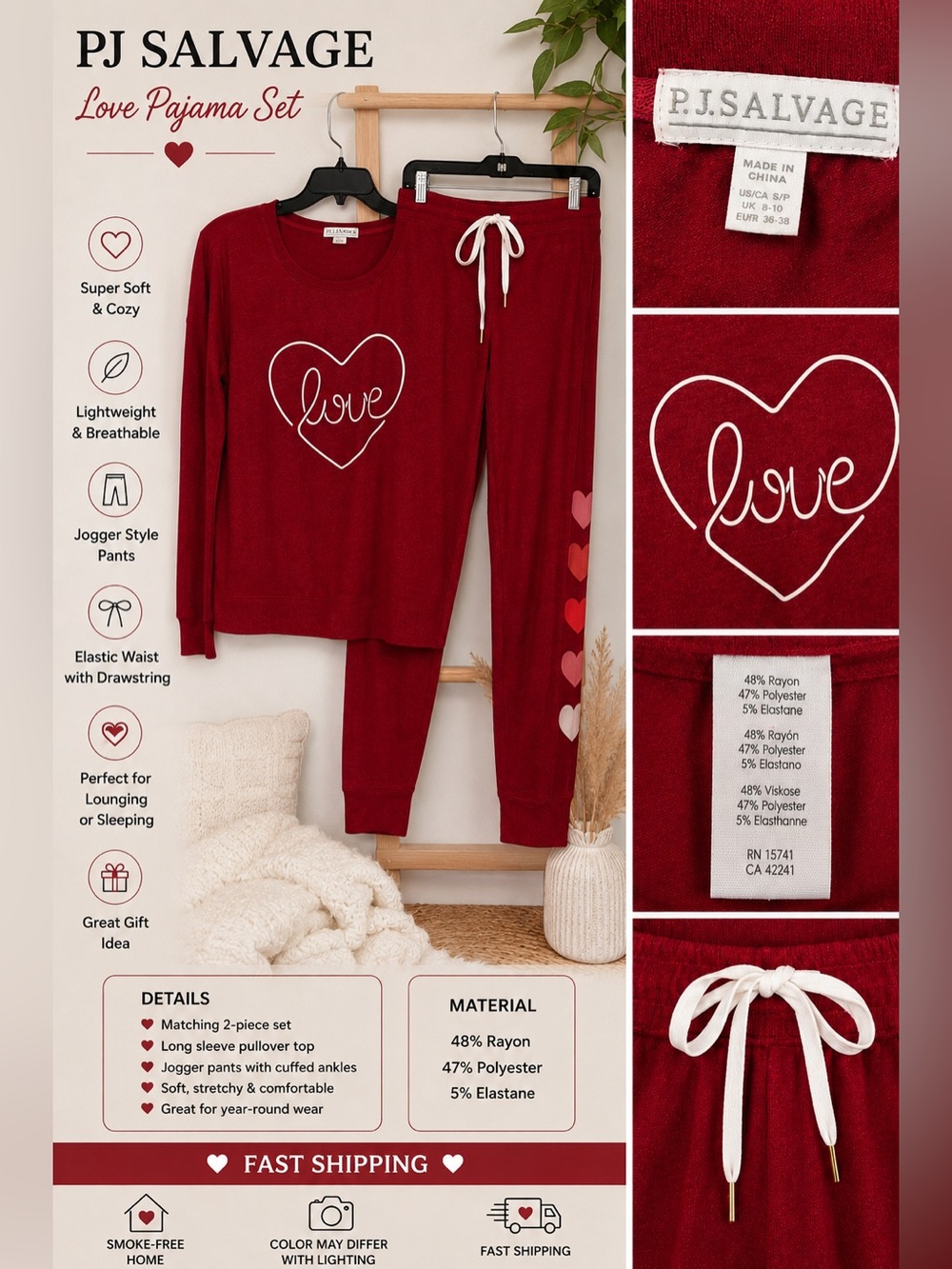 PJ Salvage Love Heart Pajama Set Mixed Size XS Top Small Pants Red Lounge Set
